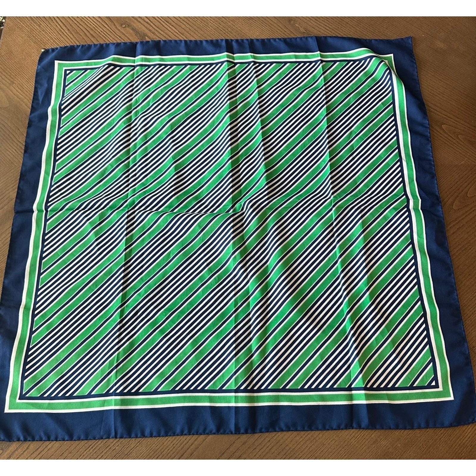 Made In Italy Silk Square Scarf Green Navy White Diagonal Stripe 30x30